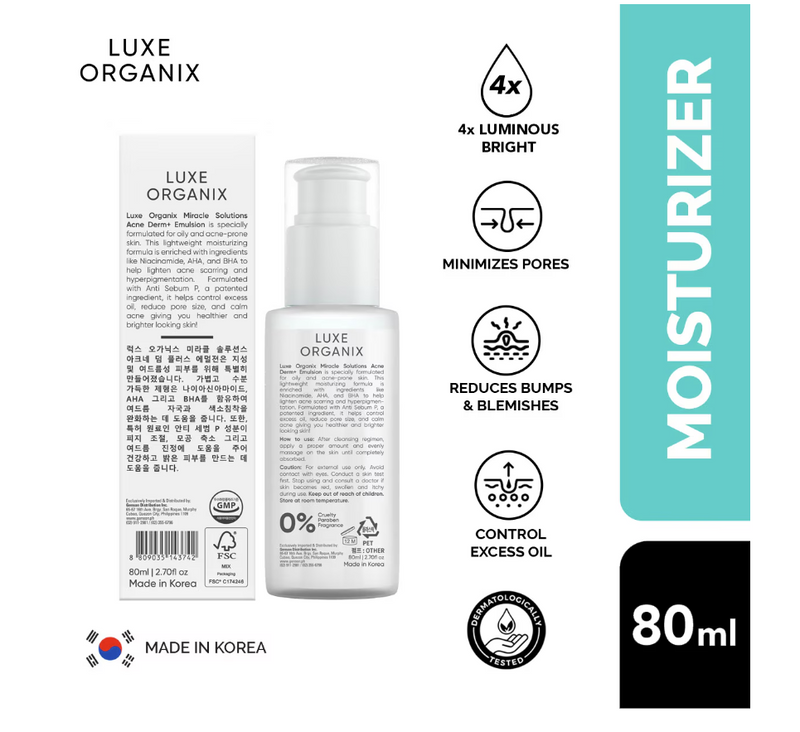 LUXE ORGANIX Miracle Solutions AHA/BHA Acne Derm+ Emulsion Moisturiser 80ml