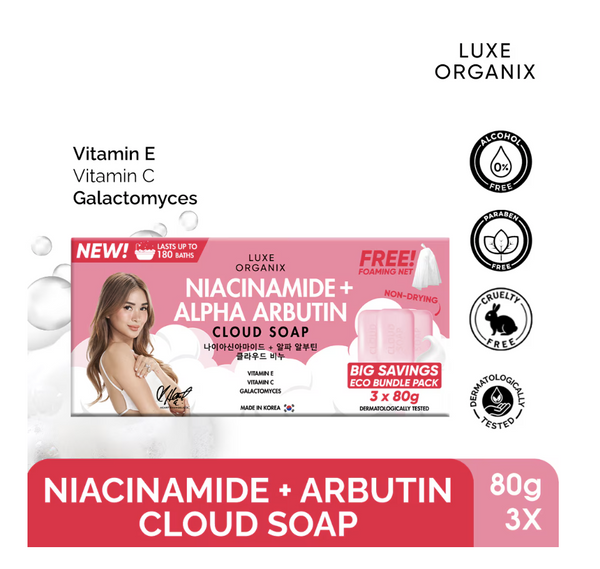 LUXE ORGANIX Niacinamide + Alpha Arbutin Cloud Soap 3 x 80g (Eco Bundle Pack)