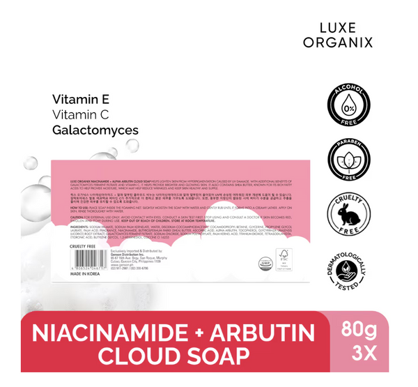 LUXE ORGANIX Niacinamide + Alpha Arbutin Cloud Soap 3 x 80g (Eco Bundle Pack)
