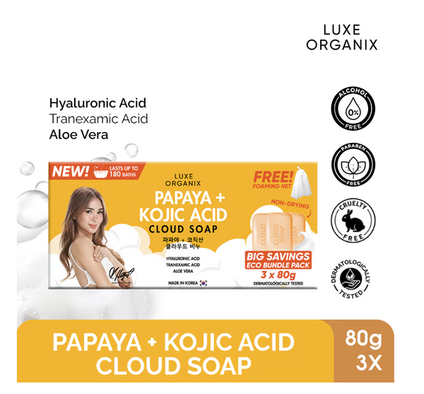 LUXE ORGANIX Papaya + Kojic Acid Cloud Soap 3 x 80g (Eco Bundle Pack)