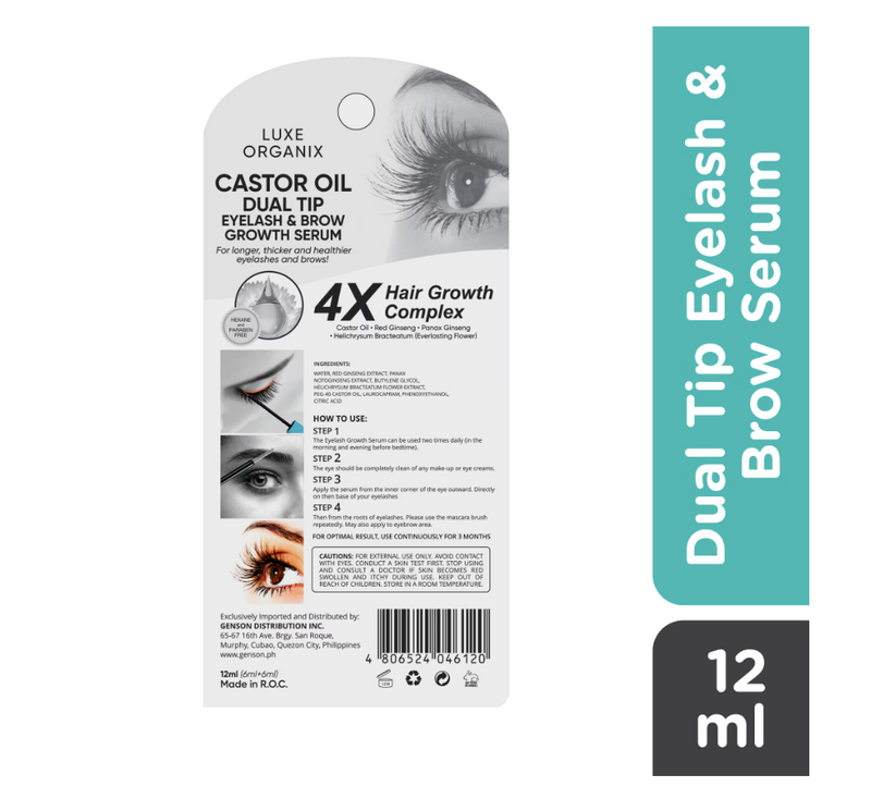 LUXE ORGANIX Castor Oil Dual Tip Eyelash & Brow Growth Serum 12ml